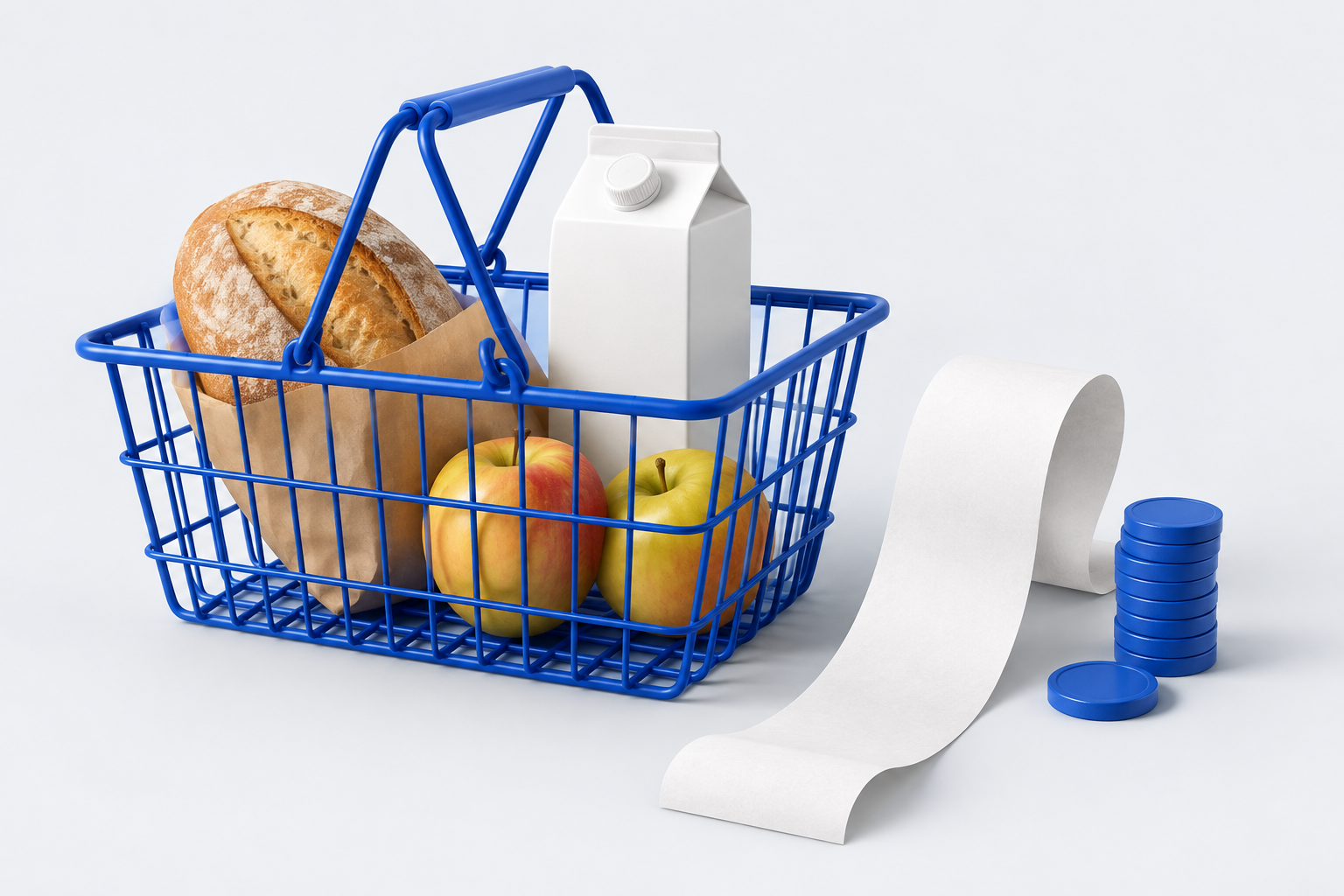 Синій кошик з продуктами поруч із паперовим чеком і синіми жетонами.